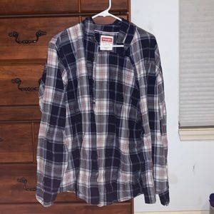 Wrangler Blue, Gray, White, and Red Flannel